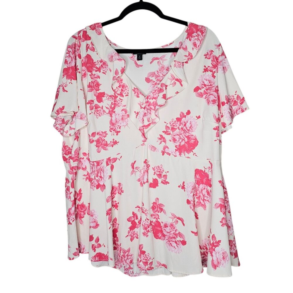 ⚡️Torrid 2x White Pink Floral Blouse  Ruffle Babydoll Bloomcore Flounce Cottage